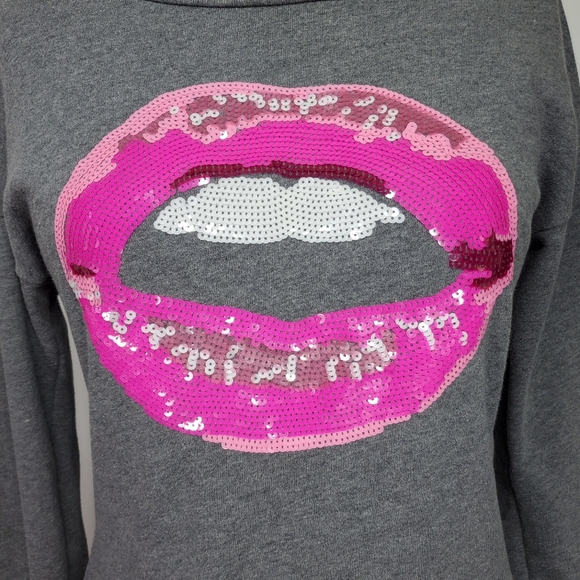 Juicy Couture M/L Sweatshirt Terry Heather Gray Sequin Lips Kiss Long Sleeve - Picture 4 of 10